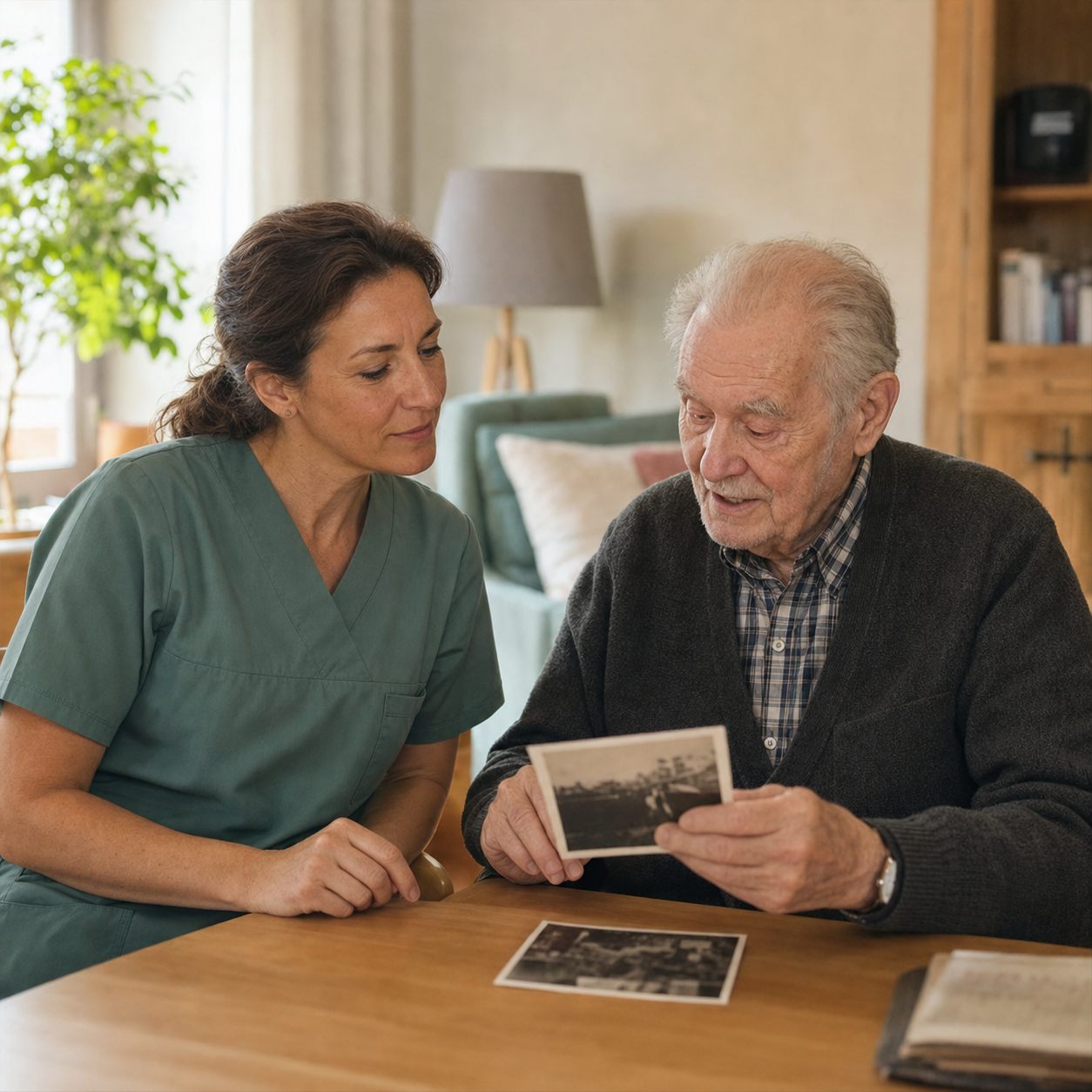 Altenpflegerin im Gespräch mit einem Senior